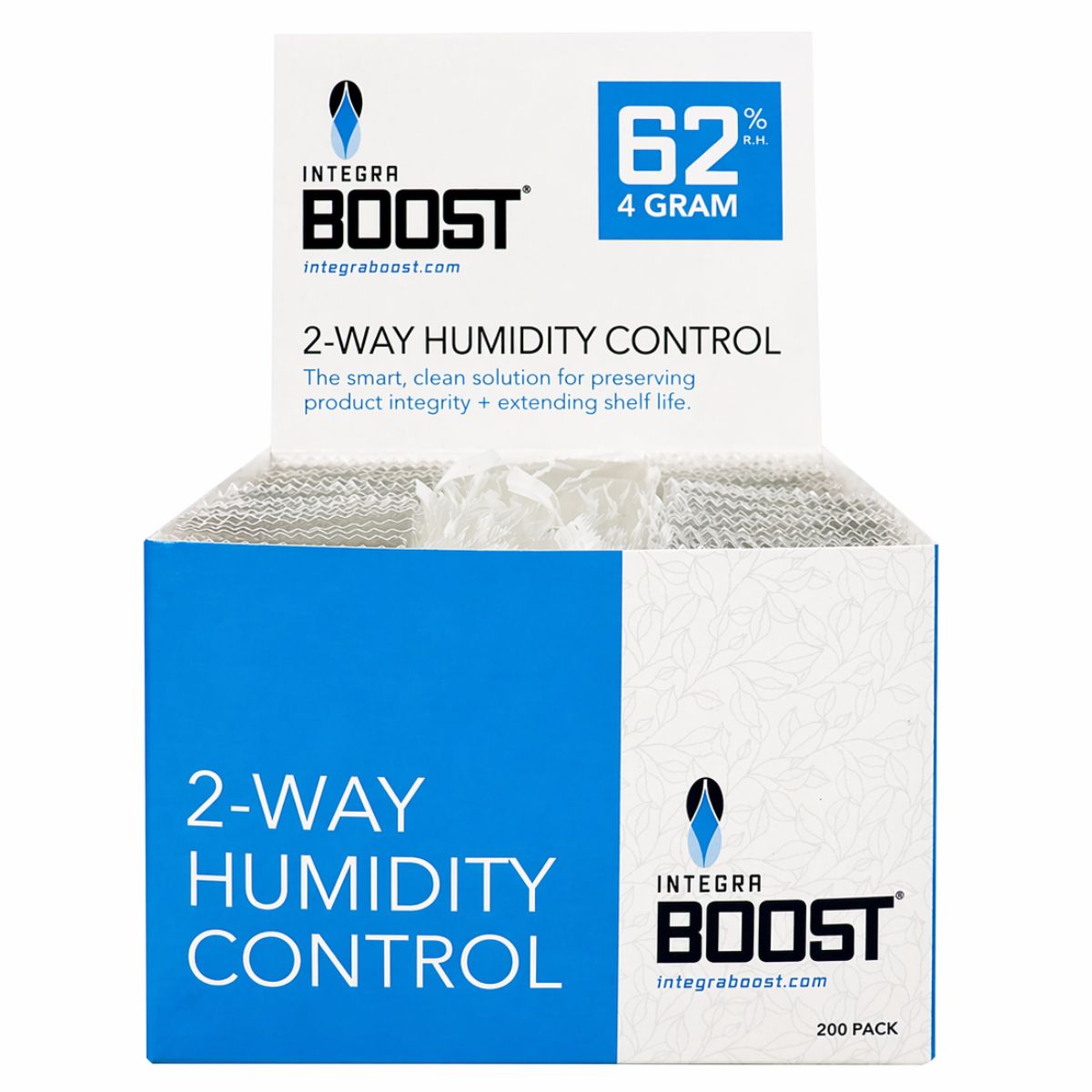 Integra Boost Control de humedad de 2 vías 62% HR - 4 gramos (200 piezas/pantalla) Integra Boost Control de humedad de 2 vías 62% HR - 4 gramos (200 piezas/pantalla)