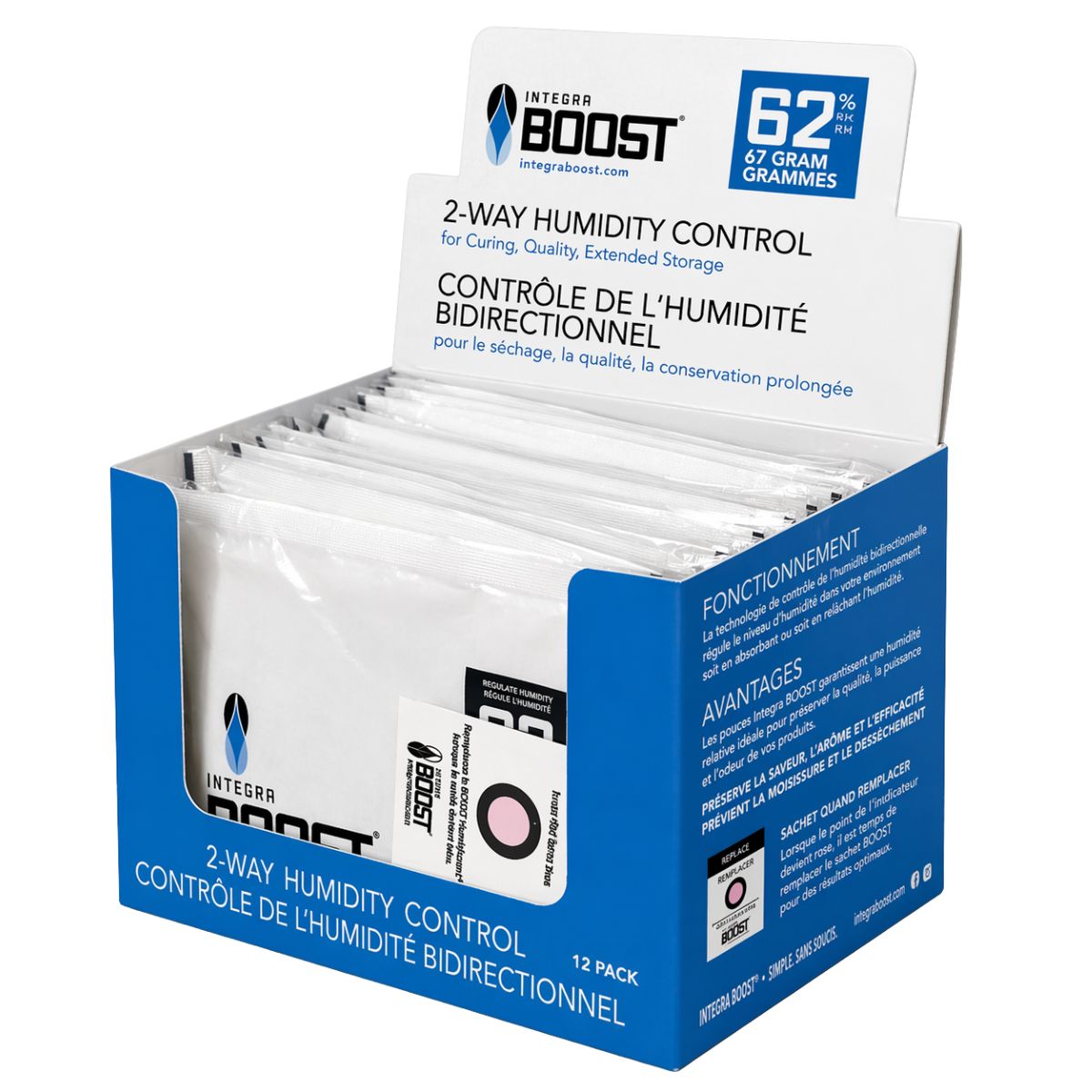 Integra Boost Control de humedad bidireccional 62% HR - 67 gramos (12 uds./expositor) Integra Boost Control de humedad de 2 vías 62% HR - 67 gramos (12 piezas/pantalla)