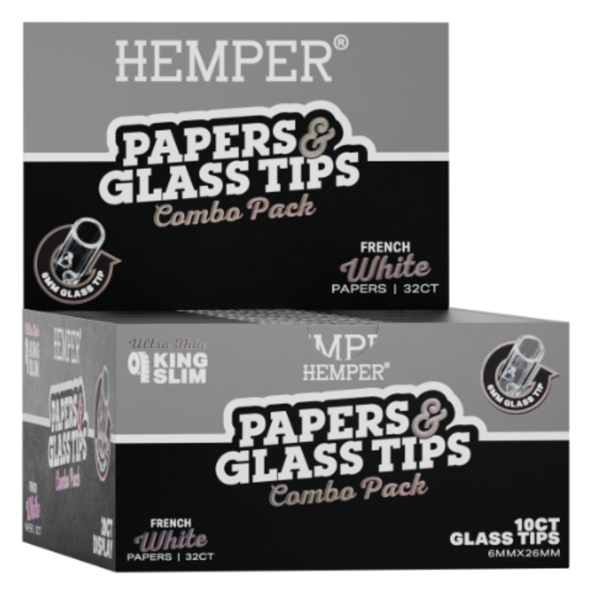 Hemper King Size Libreta de papel de liar blanco clásico + boquillas de cristal (20 uds.expositor) 6 mm Hemper King Size Libreta de papel de liar blanco clásico + boquillas de cristal (20 uds.expositor) 6 mm