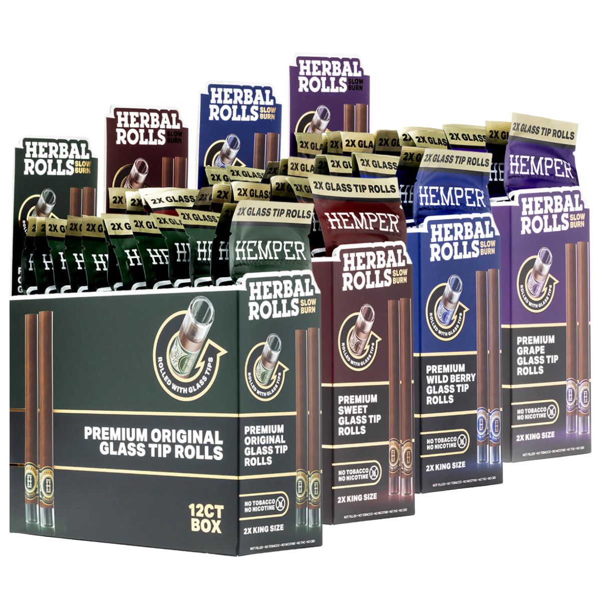Hemper Pre-Rolled King Size Herbal Rolls + Glass Tip Pack de 2 (12 uds/expositor) Hemper Pre-Rolled King Size Herbal Rolls + Glass Tip 2-Pack (12pcs/display)