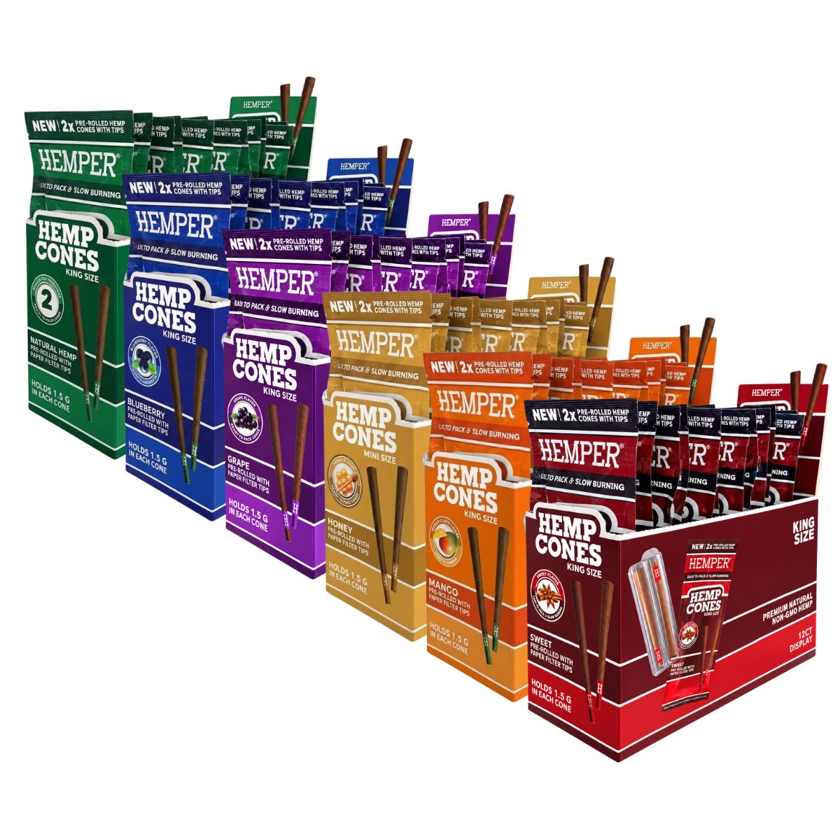 Conos de cáñamo prerrellenados Hemper King Size + boquilla de papel, pack de 2 (12 uds./expositor) Conos de cáñamo prerrellenados Hemper King Size + boquilla de papel, pack de 2 (12 uds./expositor)